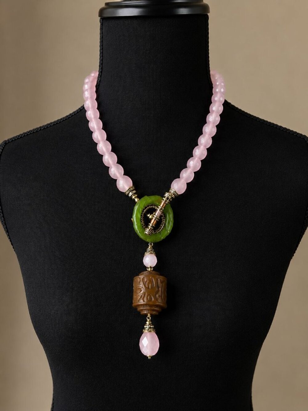 Heidi Daus Asian Inspired Rose Quartz Swarovski Crystal Toggle Necklace